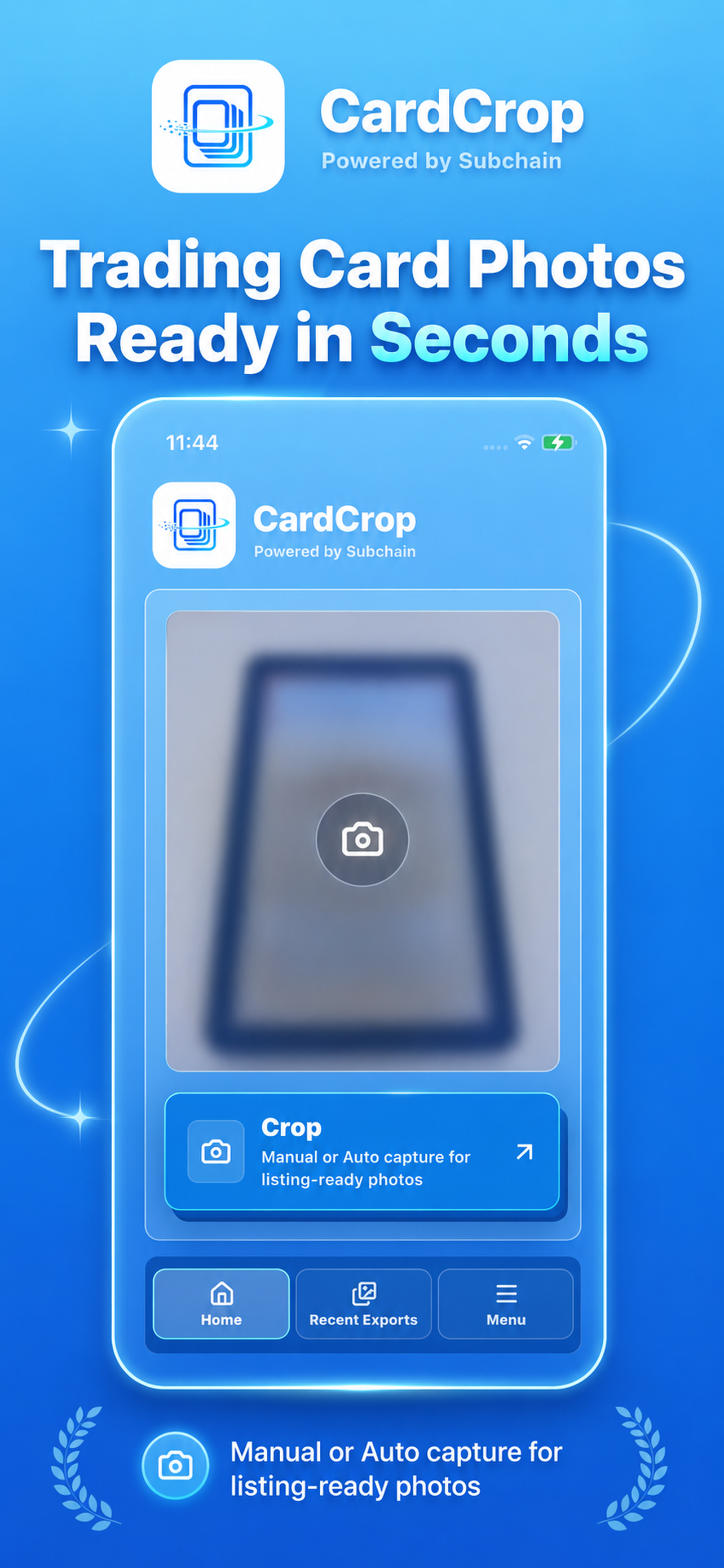 CardCrop Mobile showing the Crop action for starting a new card photo.