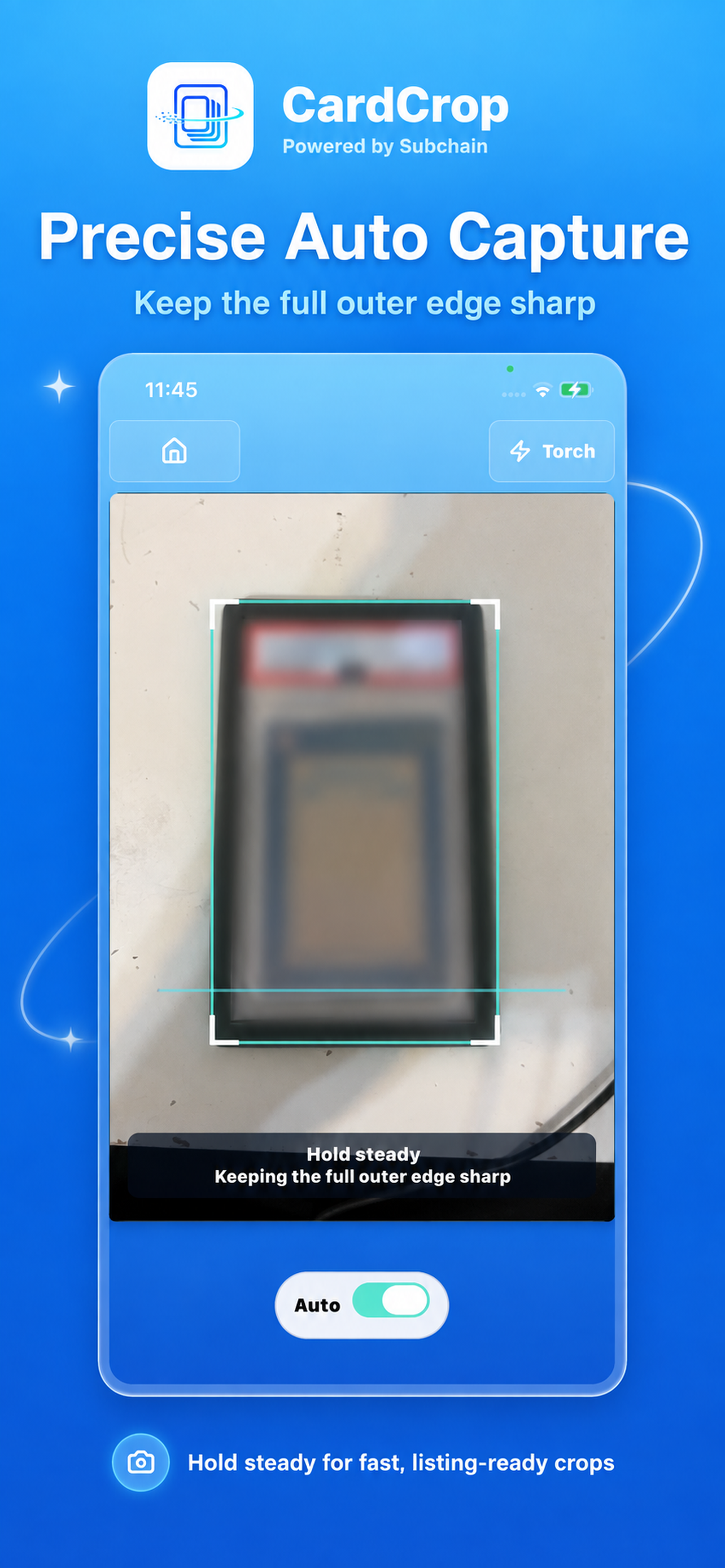 CardCrop Mobile Auto capture screen with a card detection frame and Auto turned on.