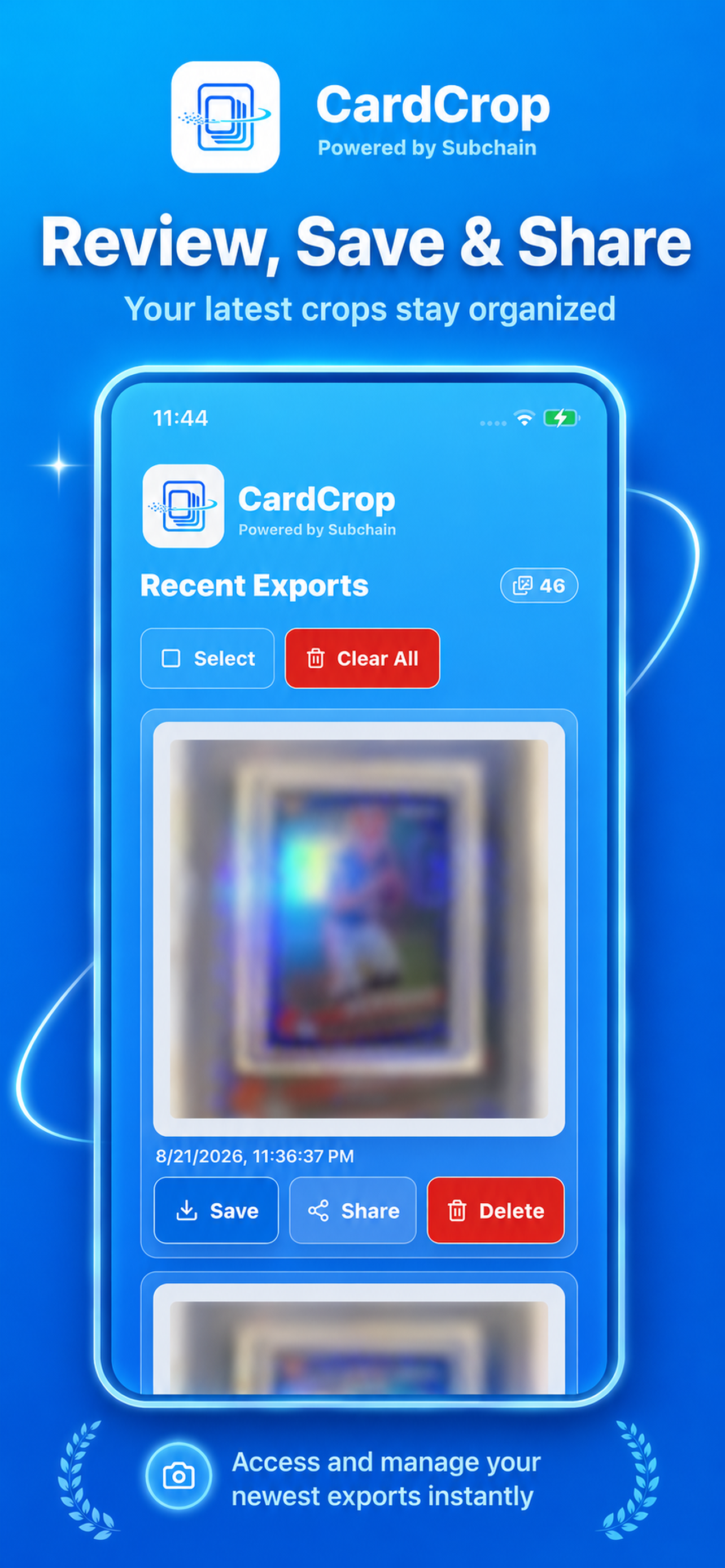 CardCrop Mobile recent exports screen with controls to save, share, or delete a finished card image.
