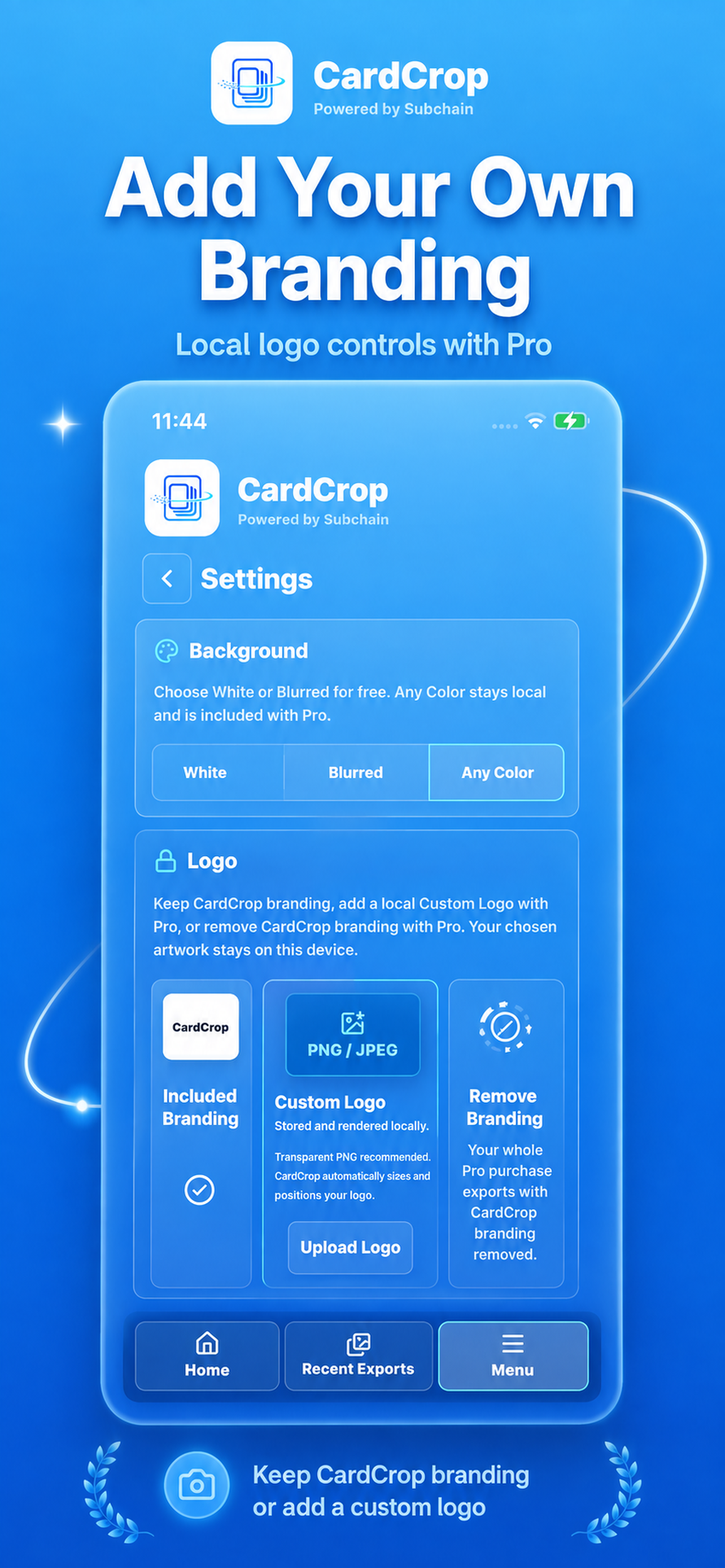 CardCrop Pro Custom Logo presentation options.